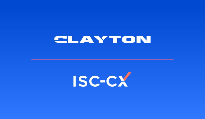 Clayton and ISC-CX partnership announcement for nationwide mystery shopping and customer experience program in Italy with brand logos on blue gradient background.