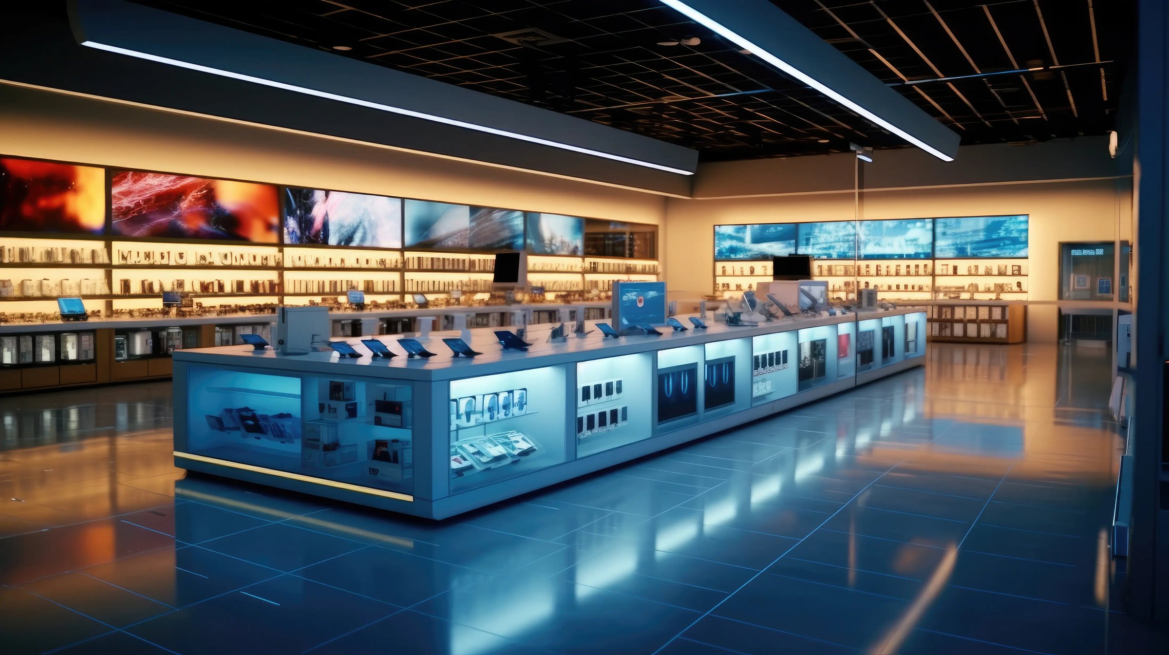 Modern tech store interior with neatly displayed gadgets like laptops and smartphones.