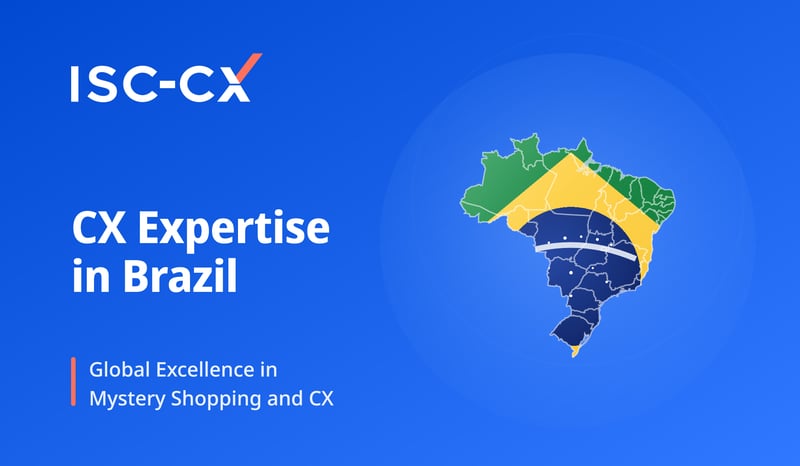ISC-CX press release graphic: Brazil map in national flag colors, illustrating global CX expertise in mystery shopping