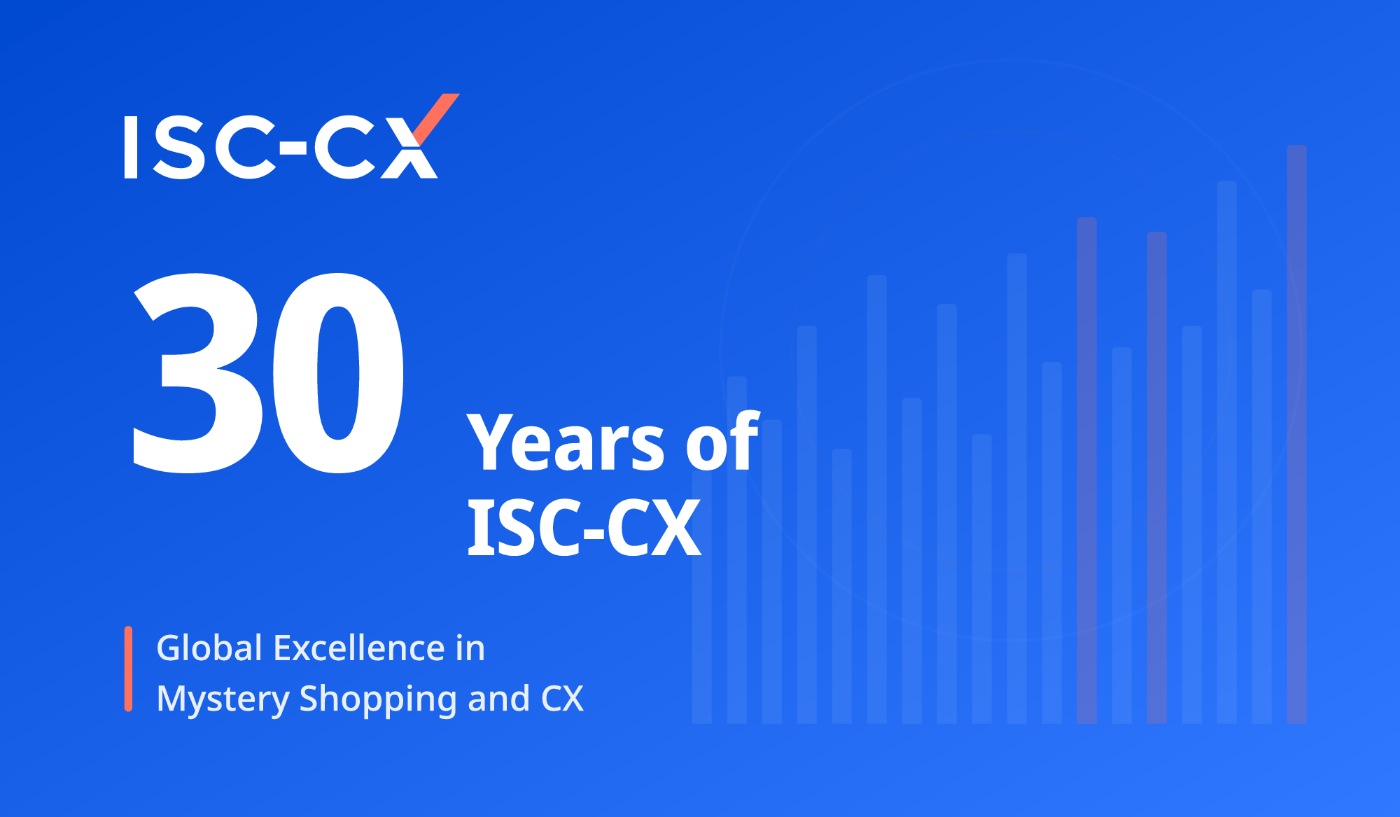 ISC-CX Jubiläumsbild mit blauem Hintergrund, großer weißer „30“ und ISC-CX-Logo sowie dem Text „30 Jahre ISC-CX“ und „globale Exzellenz in Mystery Shopping und Customer Experience“. Dezente Balkendiagramm-Elemente im Hintergrund symbolisieren Wachstum und Performance-Analysen.