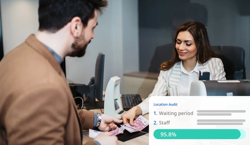 Customer at money transfer counter interacting with staff; ISC-CX location audit results highlighting waiting time and service quality with a 95.8% score.