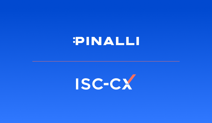 Logos of Pinalli and ISC-CX arranged vertically on a blue background, separated by a thin line; Pinalli on top, ISC-CX below.