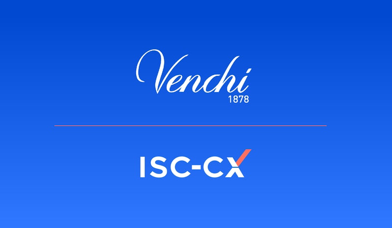 Venchi and ISC-CX partnership announcement featuring the Venchi and ISC-CX logos on a blue background, highlighting customer experience measurement across Europe.