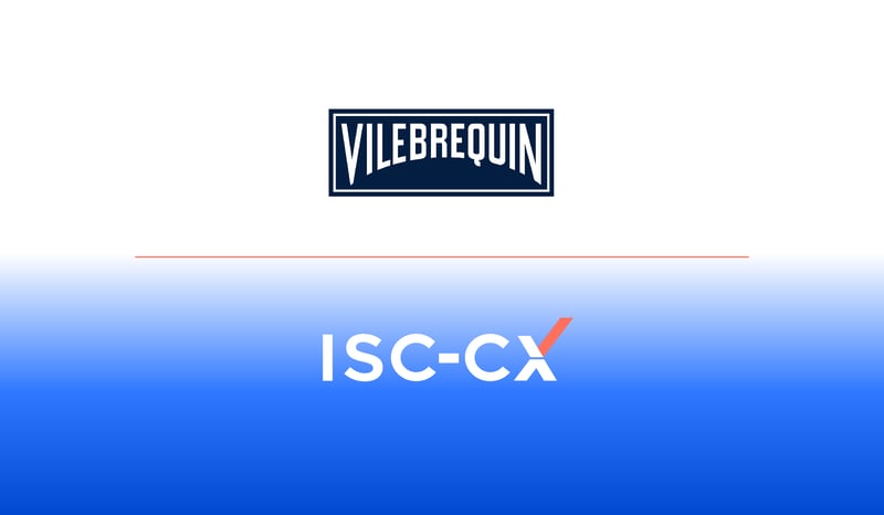 Vilebrequin logo on white text with dark blue rectangle, orange line below, above ISC-CX logo in white on blue gradient background, representing their global CX partnership